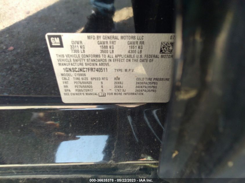 2015 CHEVROLET SUBURBAN LT - 1GNSCJKC7FR740511