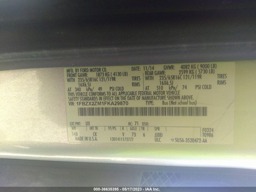 2015 FORD TRANSIT WAGON XL/XLT - 1FBZX2ZM1FKA29870