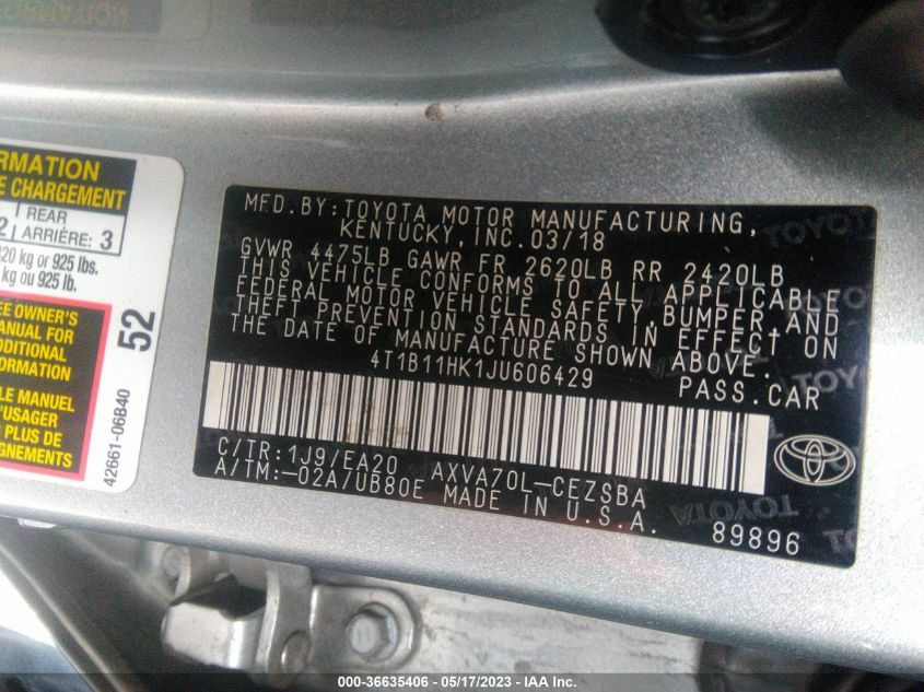 2018 TOYOTA CAMRY LE/SE/XLE/L - 4T1B11HK1JU606429