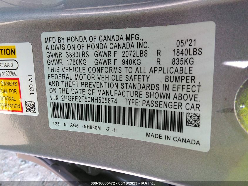 2022 HONDA CIVIC SEDAN SPORT - 2HGFE2F50NH505874