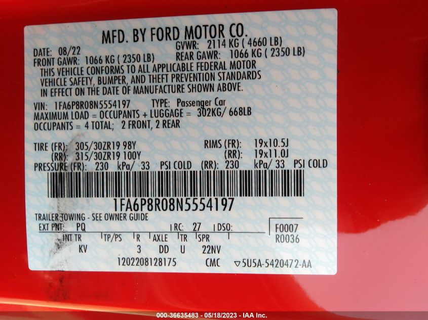 2022 FORD MUSTANG MACH 1 - 1FA6P8R08N5554197
