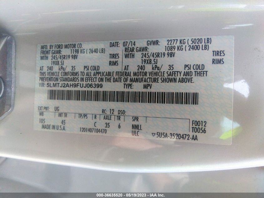 2015 LINCOLN MKC - 5LMTJ2AH9FUJ06399
