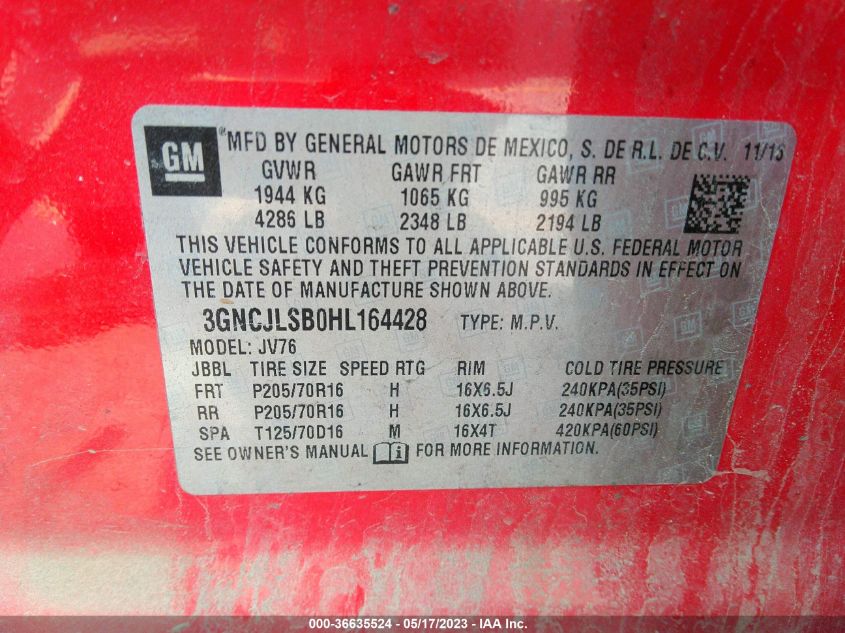 2017 CHEVROLET TRAX LT - 3GNCJLSB0HL164428