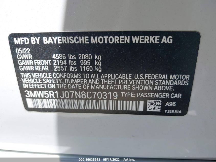 2022 BMW 3 SERIES 330I - 3MW5R1J07N8C70319