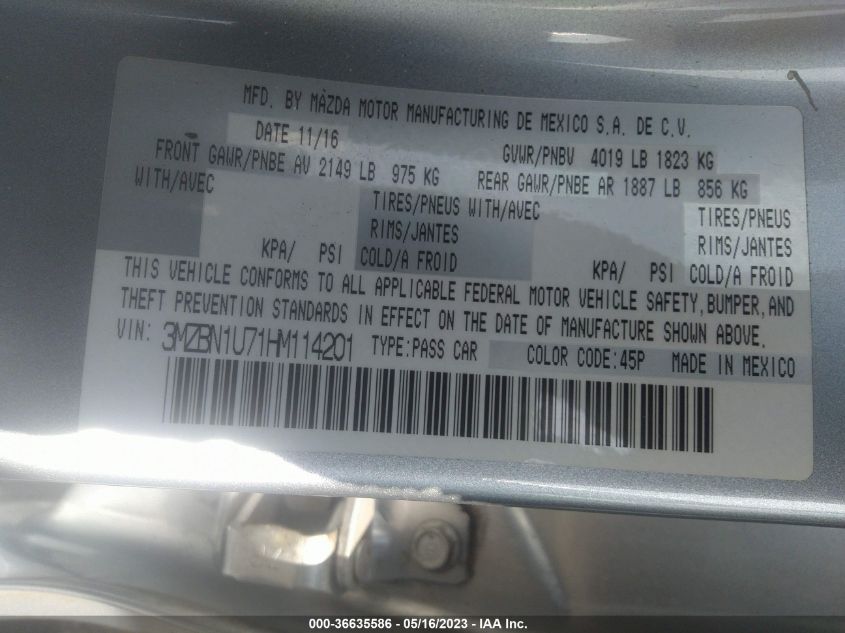 2017 MAZDA MAZDA3 4-DOOR SPORT 3MZBN1U71HM114201