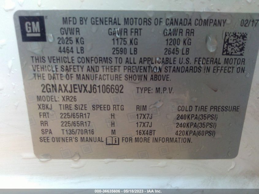 2018 CHEVROLET EQUINOX LT - 2GNAXJEVXJ6106692