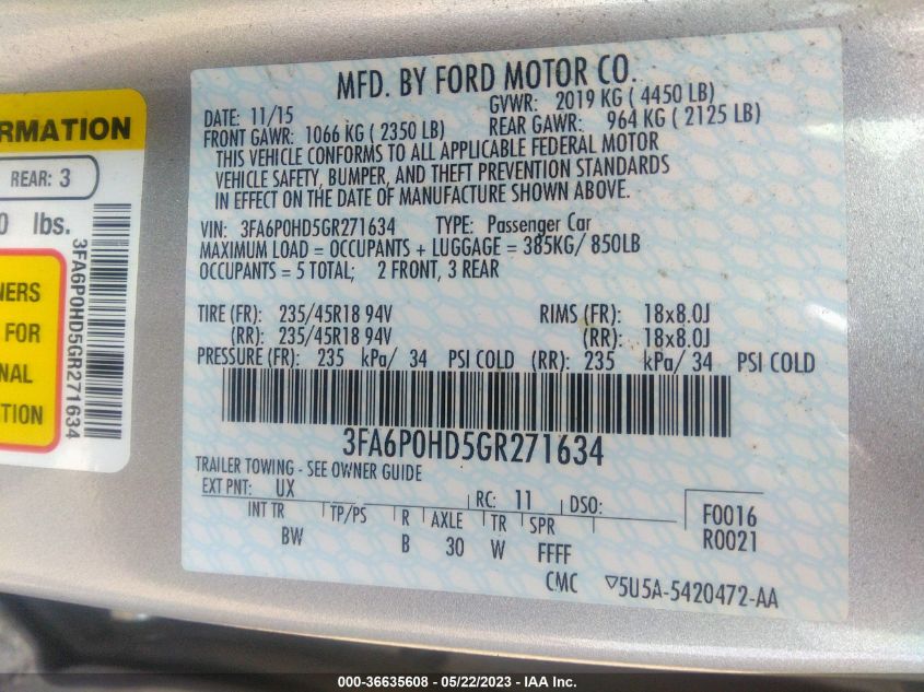 2016 FORD FUSION SE - 3FA6P0HD5GR271634