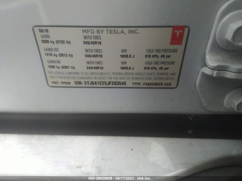 2018 TESLA MODEL S 75D/100D/P100D - 5YJSA1E25JF263545