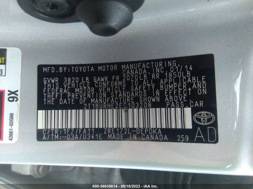 2014 TOYOTA COROLLA L/LE/S/S PLUS/LE PLUS - 2T1BURHE2EC103208