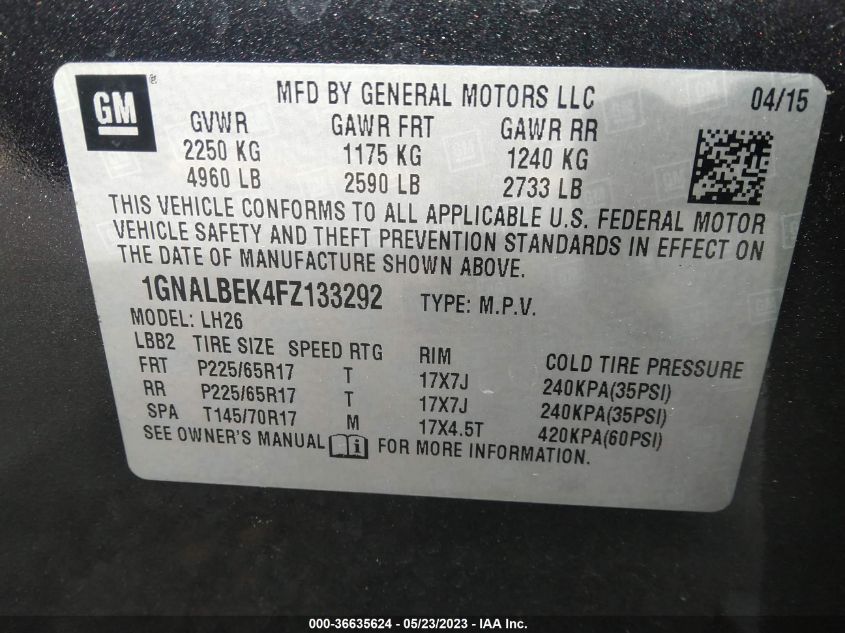 2015 CHEVROLET EQUINOX LT - 1GNALBEK4FZ133292
