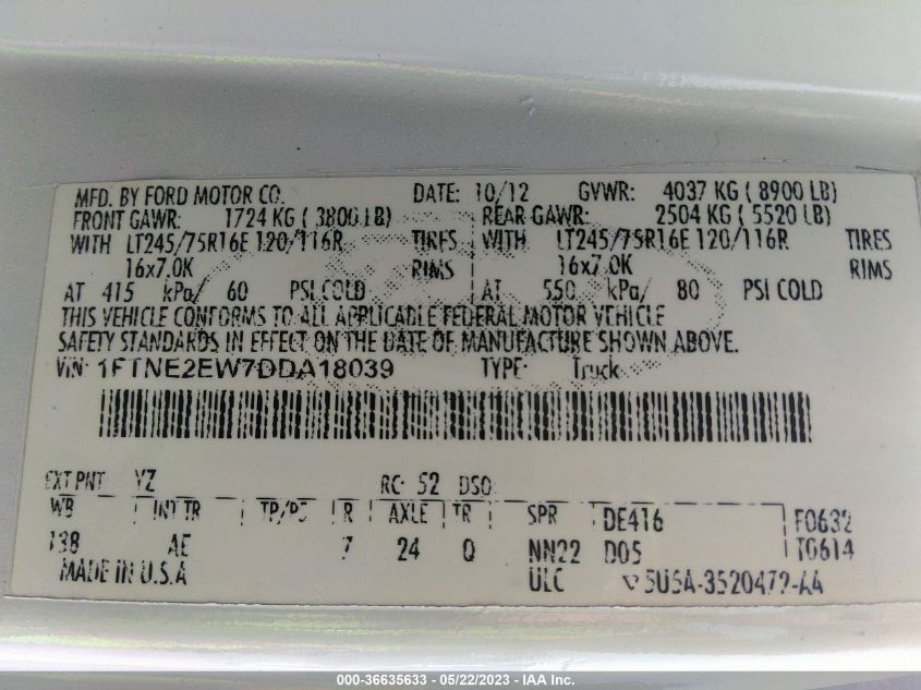 2013 FORD ECONOLINE CARGO VAN COMMERCIAL/RECREATIONAL 1FTNE2EW7DDA18039