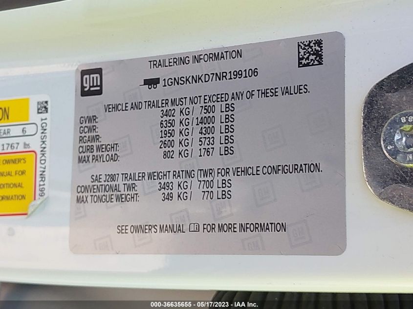 2022 CHEVROLET TAHOE LT - 1GNSKNKD7NR199106
