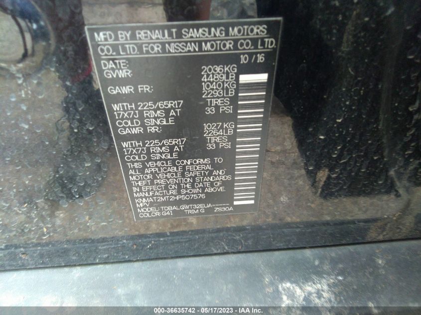 2017 NISSAN ROGUE SV - KNMAT2MT2HP507576