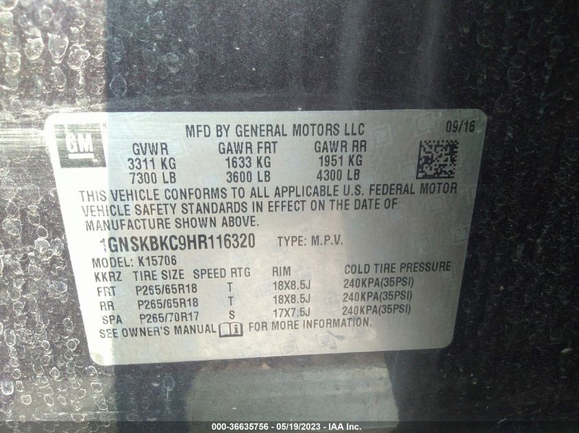 2017 CHEVROLET TAHOE LT - 1GNSKBKC9HR116320