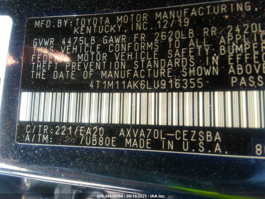 2020 TOYOTA CAMRY SE - 4T1M11AK6LU916355