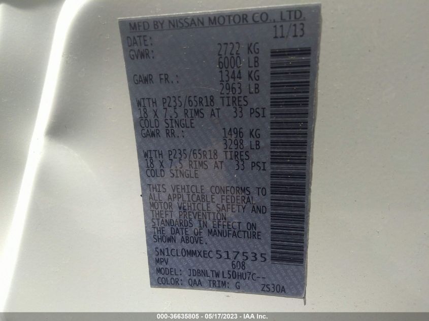 2014 INFINITI QX60 HYBRID - 5N1CL0MMXEC517535