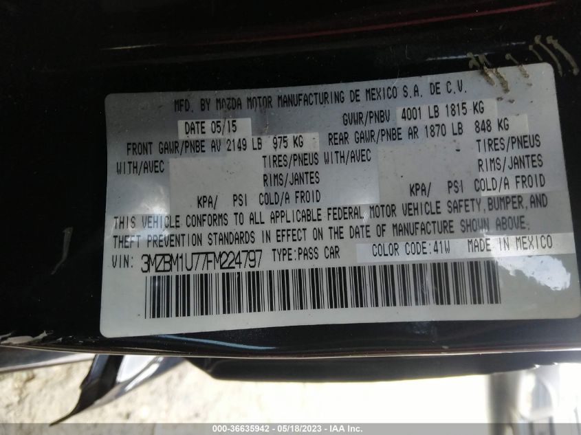 2015 MAZDA MAZDA3 I SPORT - 3MZBM1U77FM224797