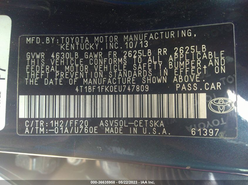 2014 TOYOTA CAMRY L/LE/XLE/SE/SE SPORT - 4T1BF1FK0EU747809