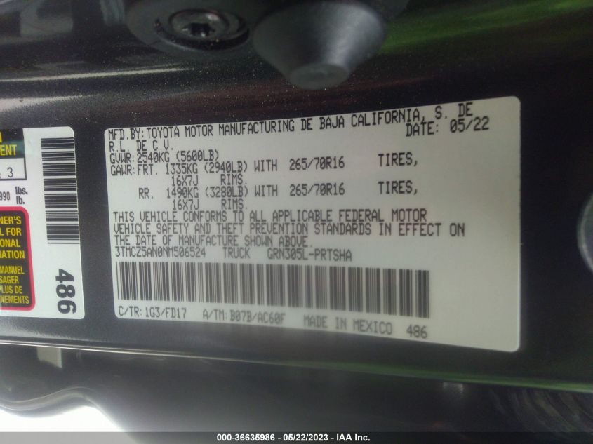 2022 TOYOTA TACOMA 4WD SR/SR5/TRD SPORT - 3TMCZ5AN0NM506524