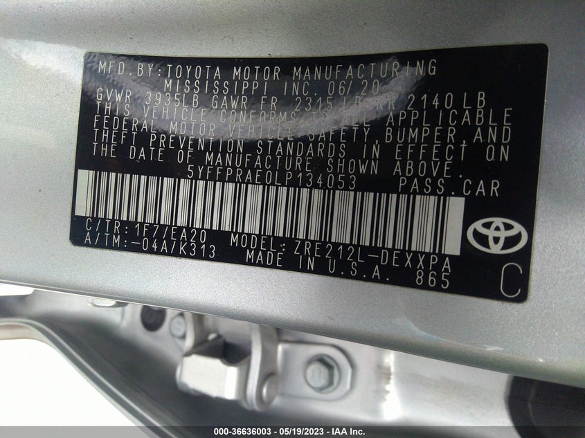 VIN 5YFFPRAE0LP134053 2020 TOYOTA COROLLA XLE