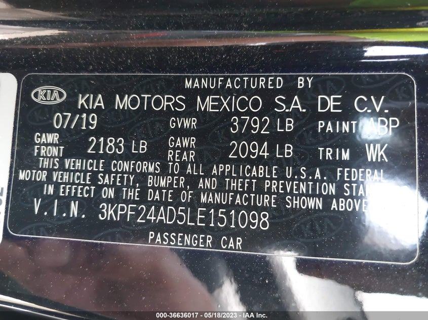VIN 3KPF24AD5LE151098 2020 KIA FORTE LXS