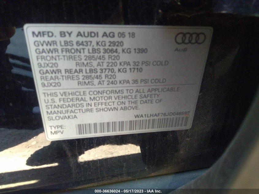 VIN WA1LHAF76JD046582 2018 AUDI Q7 PREMIUM PLUS