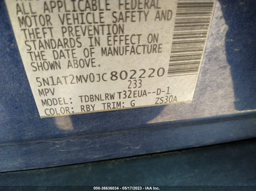 VIN 5N1AT2MV0JC802220 2018 NISSAN ROGUE SL
