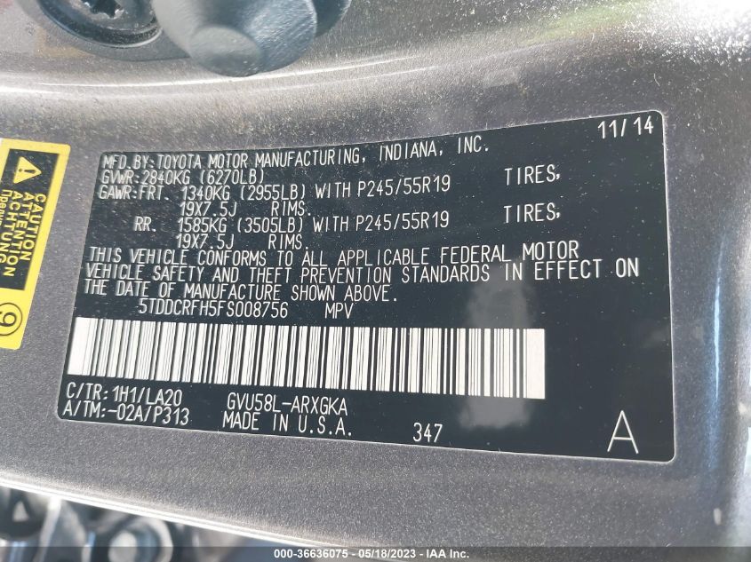 2015 TOYOTA HIGHLANDER HYBRID LIMITED - 5TDDCRFH5FS008756