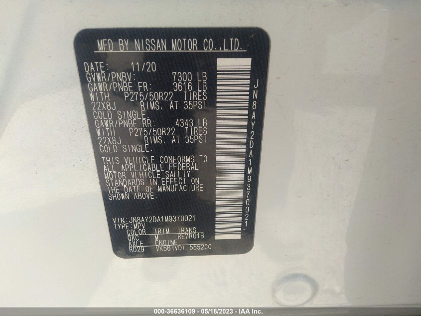 2021 NISSAN ARMADA PLATINUM - JN8AY2DA1M9370021