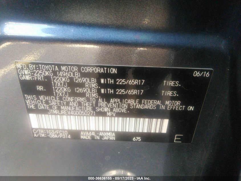 2016 TOYOTA RAV4 HYBRID XLE JTMRJREV4GD050271