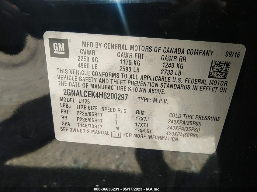 2017 CHEVROLET EQUINOX LT - 2GNALCEK4H6200297