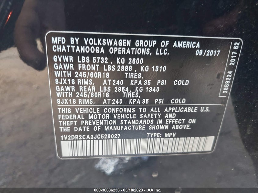 VIN 1V2DR2CA3JC529027 2018 VOLKSWAGEN ATLAS 3.6L V6 SE