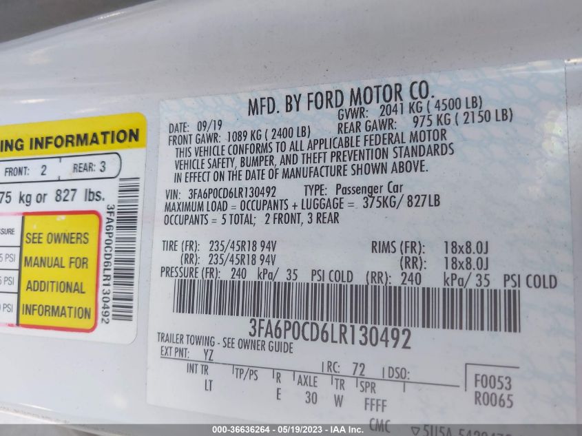 2020 FORD FUSION SEL - 3FA6P0CD6LR130492