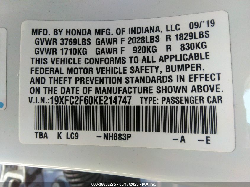 2019 HONDA CIVIC SEDAN LX - 19XFC2F60KE214747