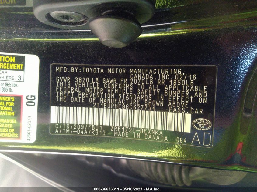 2016 TOYOTA COROLLA L/LE/S/S PLUS/LE PLUS - 2T1BURHE9GC627734