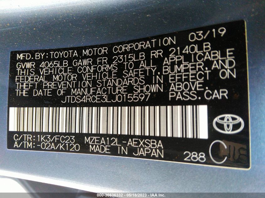 2020 TOYOTA COROLLA SE/NIGHTSHADE - JTDS4RCE3LJ015597