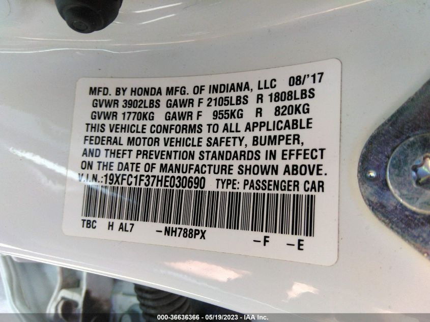 2017 HONDA CIVIC SEDAN EX-T - 19XFC1F37HE030690