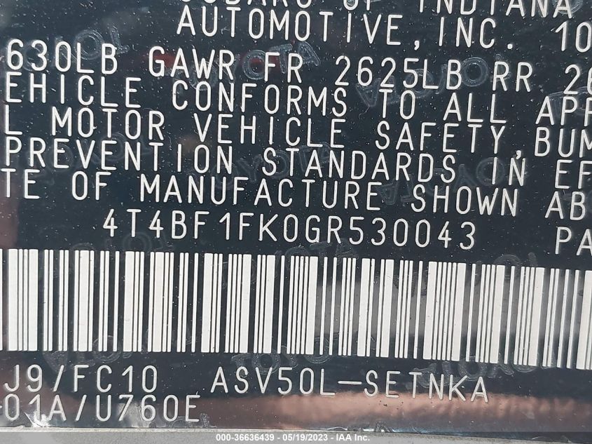 2016 TOYOTA CAMRY XLE/SE/LE/XSE - 4T4BF1FK0GR530043