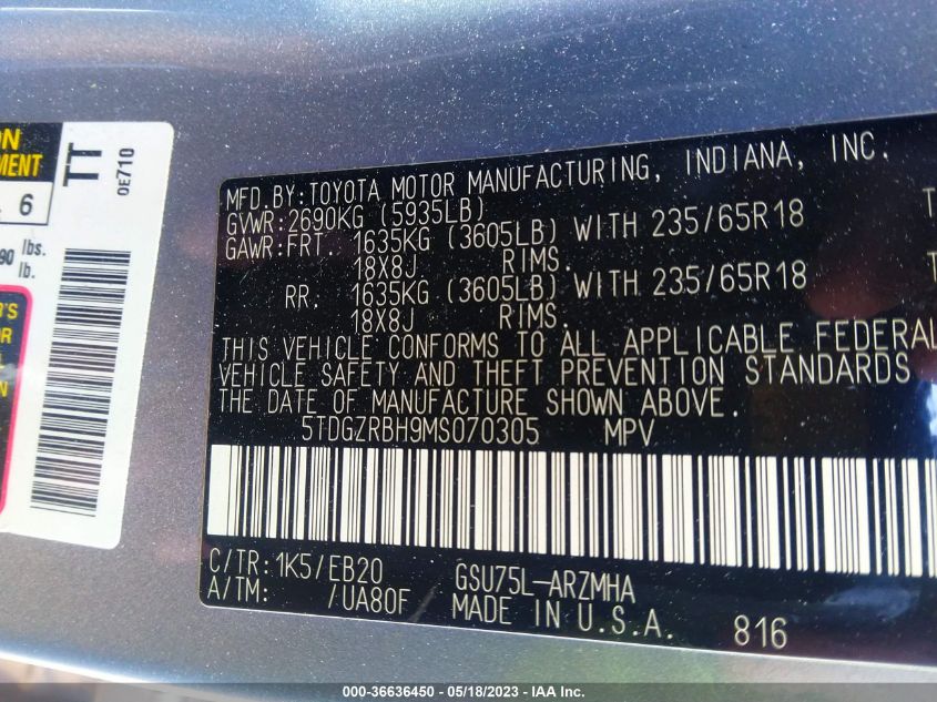2021 TOYOTA HIGHLANDER XLE - 5TDGZRBH9MS070305