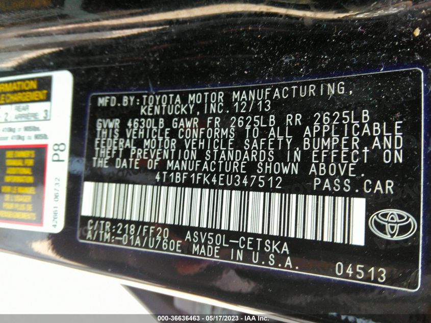 2014 TOYOTA CAMRY L/LE/XLE/SE/SE SPORT - 4T1BF1FK4EU347512