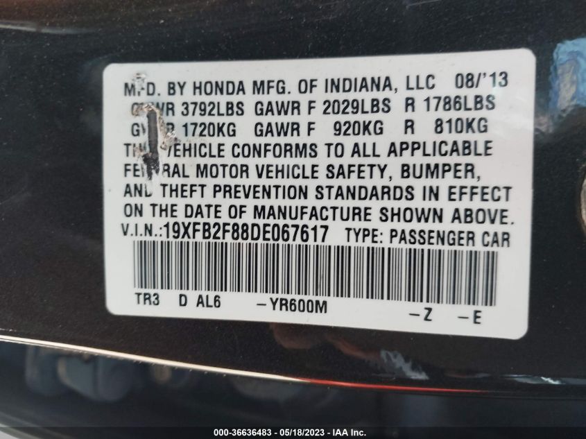 2013 HONDA CIVIC SDN EX - 19XFB2F88DE067617