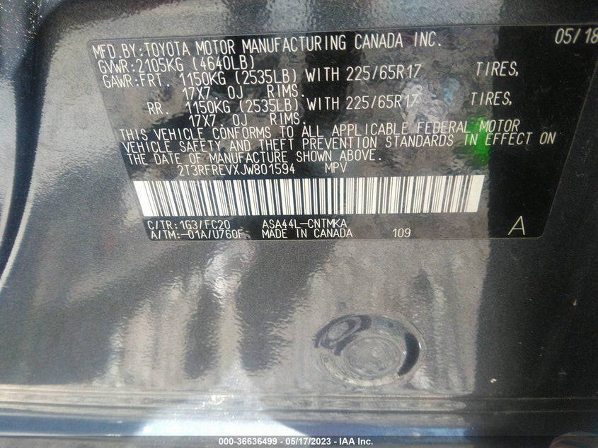 VIN 2T3RFREVXJW801594 2018 TOYOTA RAV4 XLE/ADVENTURE