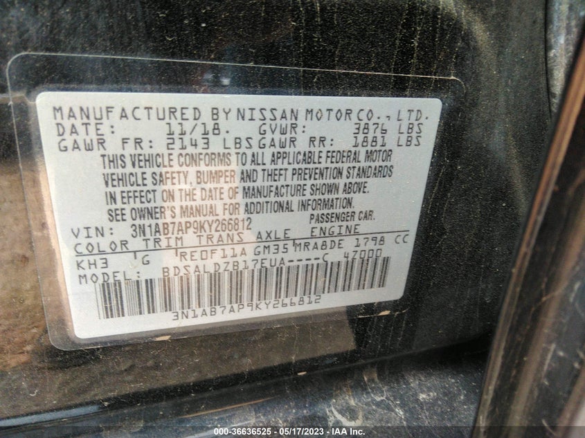 VIN 3N1AB7AP9KY266812 2019 NISSAN SENTRA SV