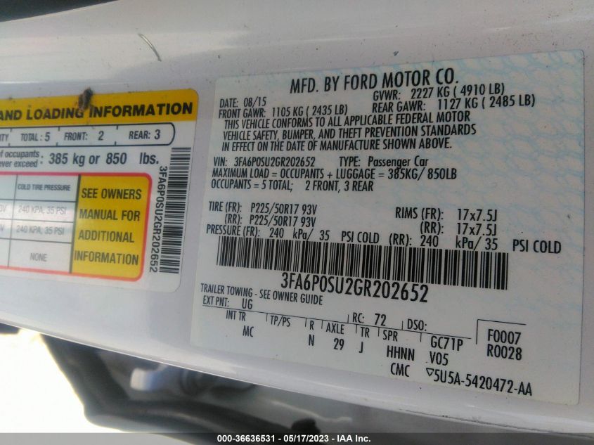 2016 FORD FUSION ENERGI TITANIUM - 3FA6P0SU2GR202652