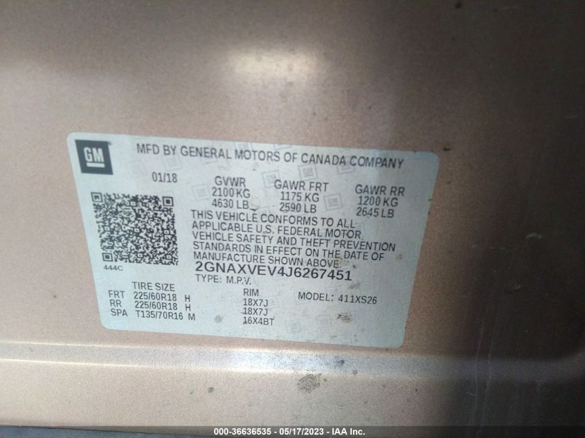 2018 CHEVROLET EQUINOX PREMIER - 2GNAXVEV4J6267451