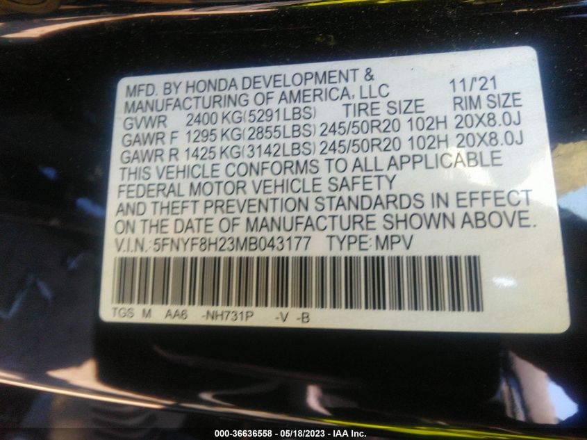 2021 HONDA PASSPORT SPORT 5FNYF8H23MB043177