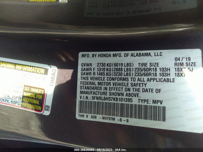 VIN 5FNRL6H57KB101395 2019 HONDA ODYSSEY EX