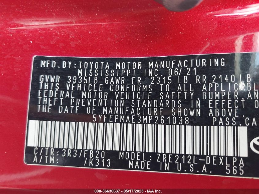2021 TOYOTA COROLLA LE - 5YFEPMAE3MP261038