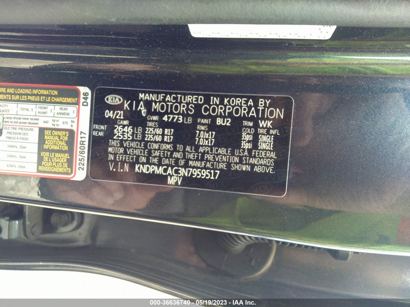 VIN KNDPMCAC3N7959517 2022 KIA SPORTAGE LX