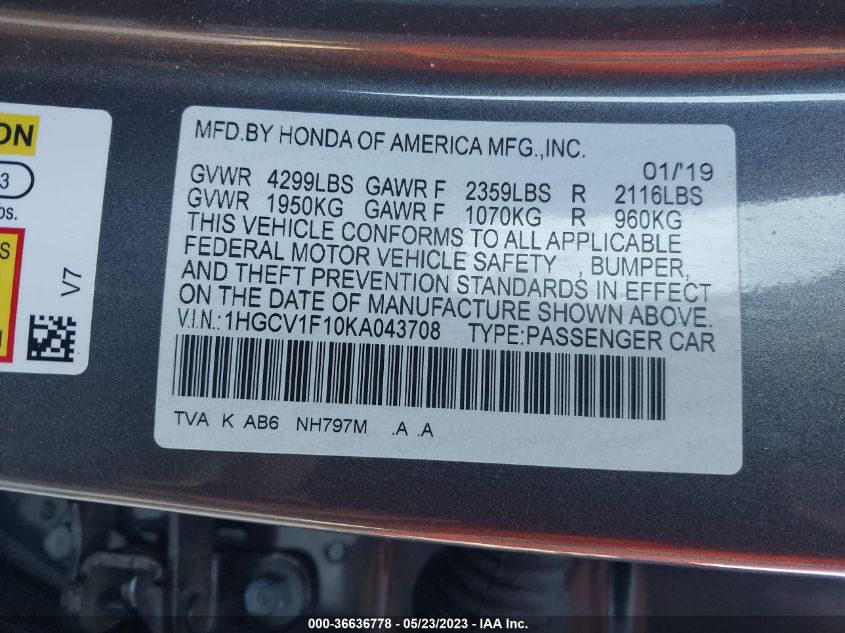 2019 HONDA ACCORD SEDAN LX 1.5T - 1HGCV1F10KA043708